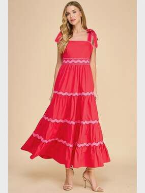 TCEC Summit Red Maxi Dress Pink Trim Bow Shoulder Straps Size L NWT Boho